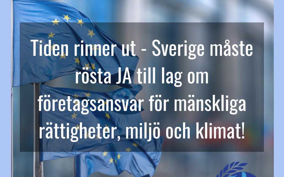 Tiden rinner ut – Sverige måste rösta ja till lag om företagsansvar för mänskliga rättigheter, miljö och klimat!